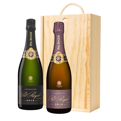 Pol Roger Brut Vintage and Rose Vintage Double Pine Wooden Gift Boxed (2x75cl)